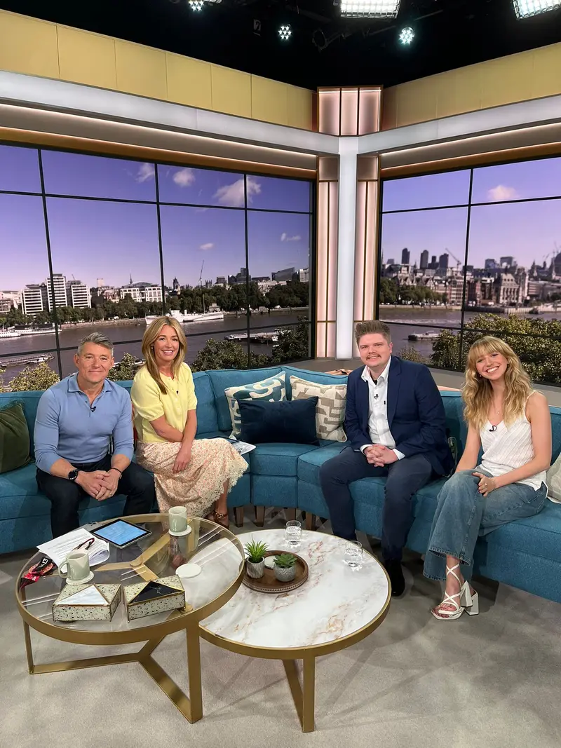 Joy on the ITV This Morning sofa with the presenters, the Thames behind them
