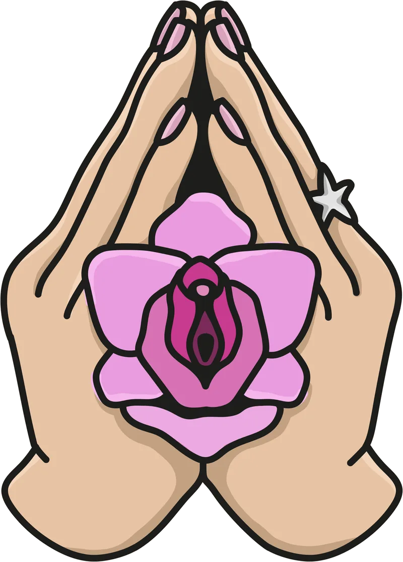 Holy Vulva! logo: two praying hands holding a pink flower shaped like a vulva, with a small star at the wrist