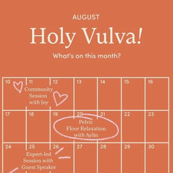 Instagram post: August calendar of sessions on a coral background